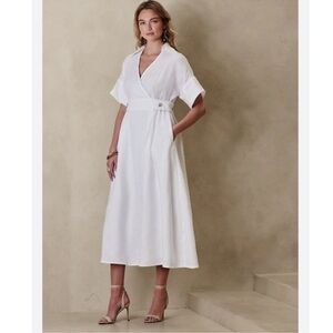 Banana Republic 100% Linen Cotton White Lined Minimalist Sedona Dress Pockets M
